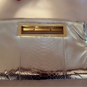 Snake Print Design Metalic Silver Clutch bag /w Gold Chain